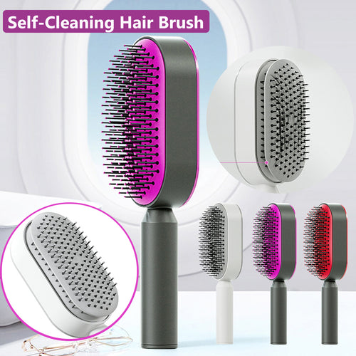 Brosse démêlante autonettoyante en plusieurs coloris avec picots souples